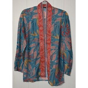 Colleen Lopez Printed Chiffon Topper Blue Turquoise Coral Reef Sz XXS Semi-sheer